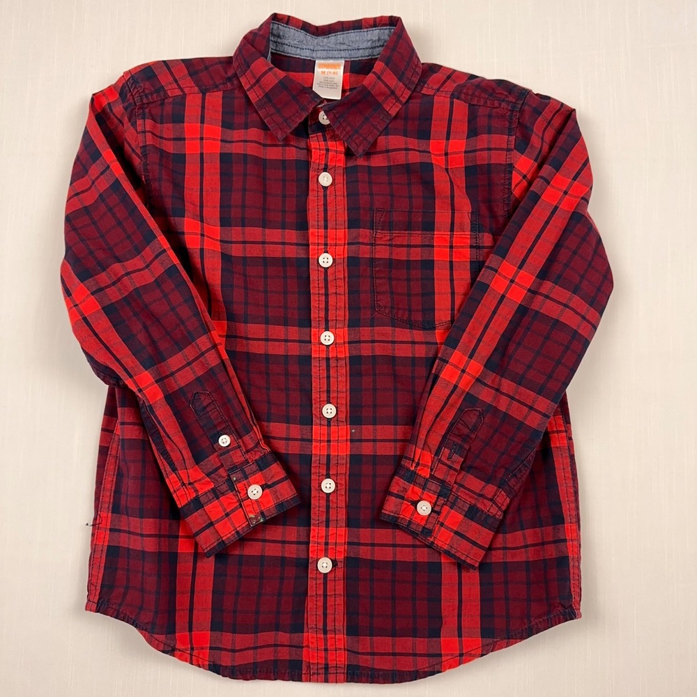 Gymboree Boys Red Navy Blue Plaid Long Sleeve Button Down Shirt Size M 7-8
